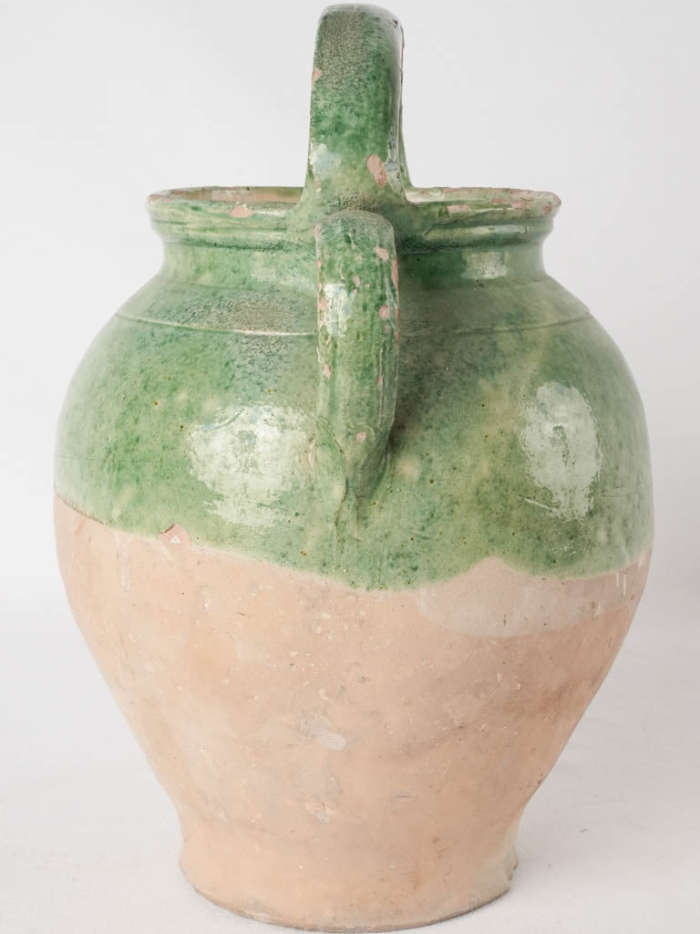 Antique French water pitcher / cruche - medium 1/2 green glaze 13"