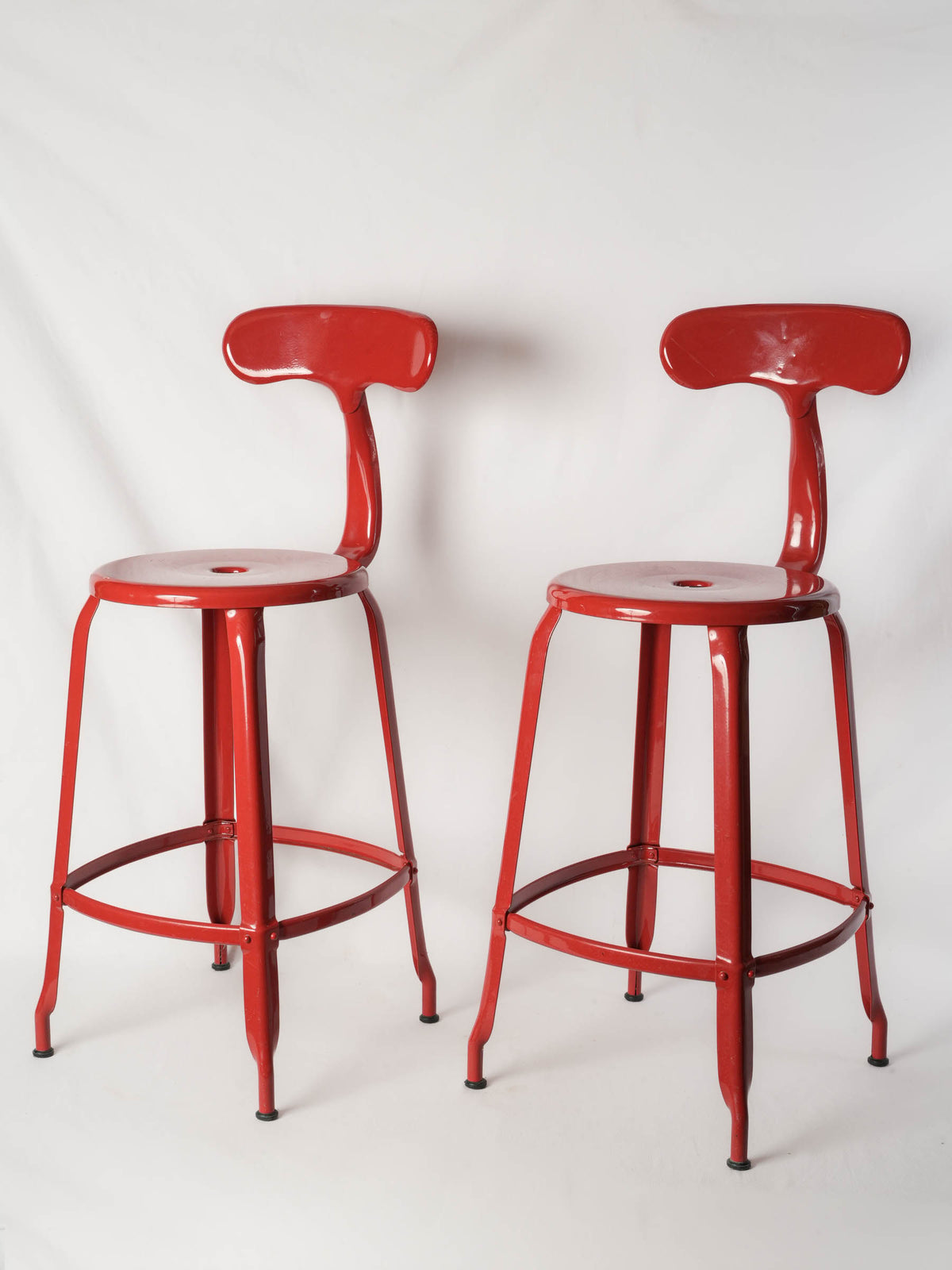 Pair of Red French Industrial Metal Stools
