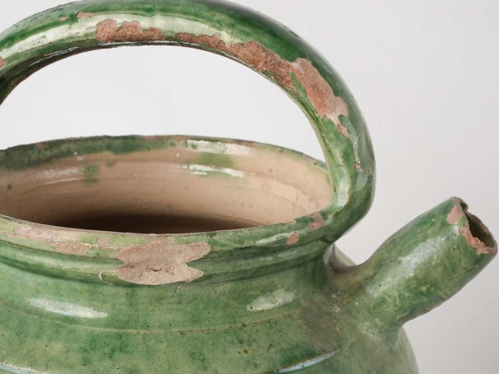 Antique French water pitcher / cruche - medium 1/2 green glaze 13"