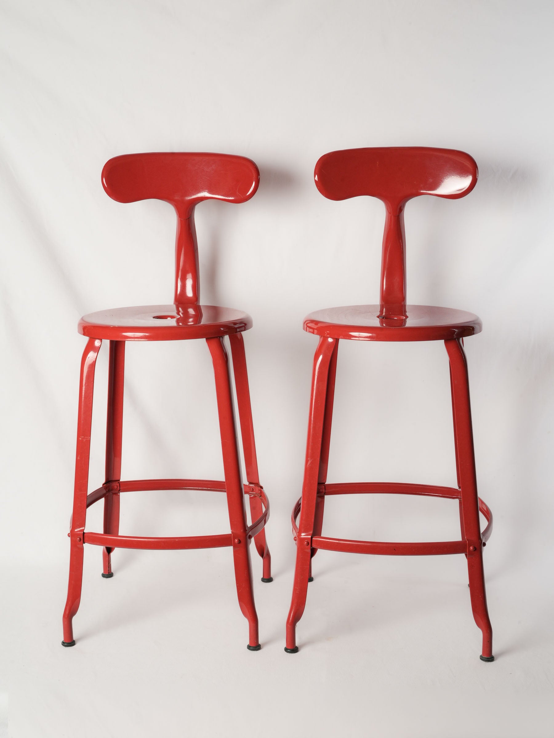 Pair of Red French Industrial Metal Stools