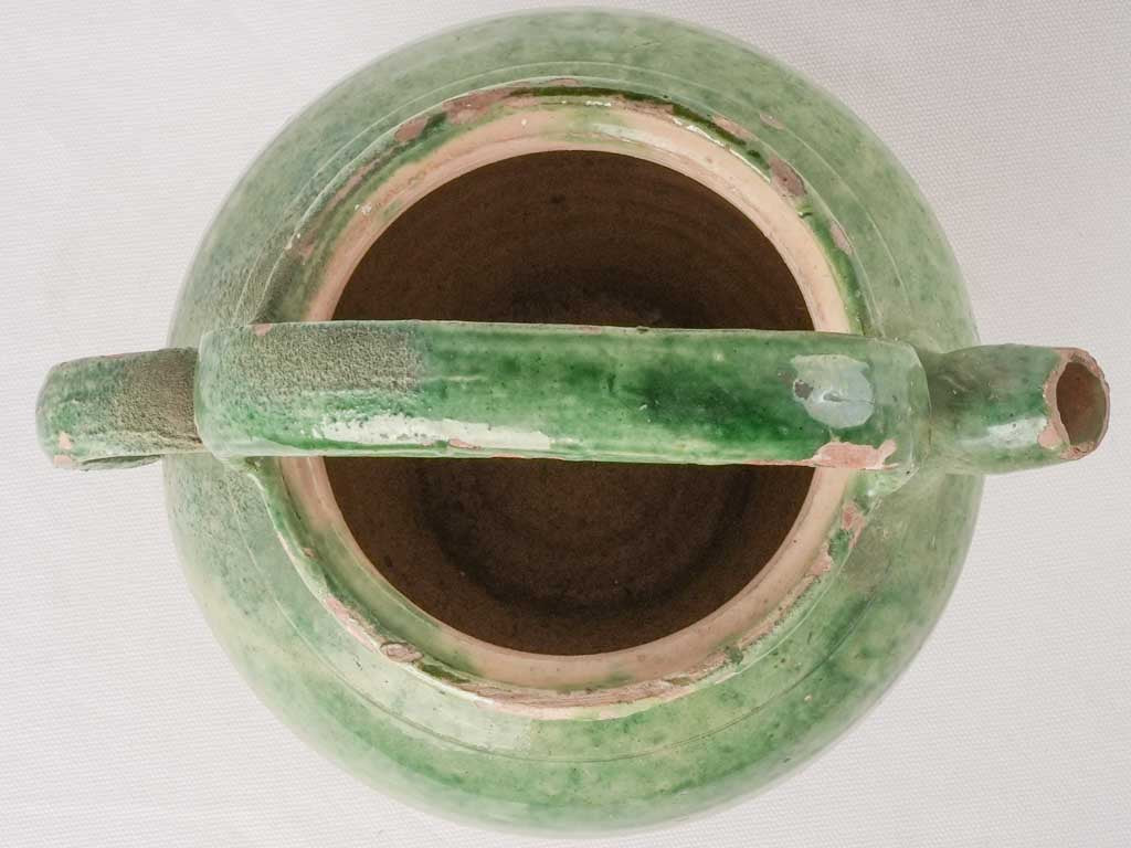 Antique French water pitcher / cruche - medium 1/2 green glaze 13"
