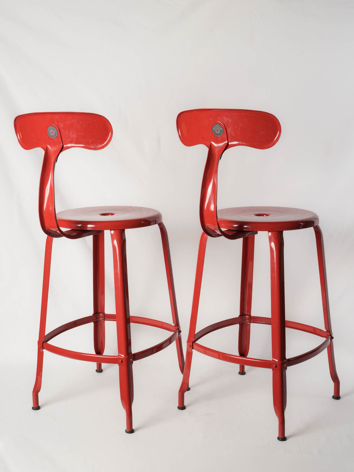 Pair of Red French Industrial Metal Stools