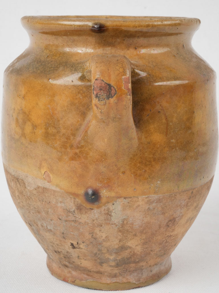 Antique French confit pot w/ brown-yellow glaze 7"
