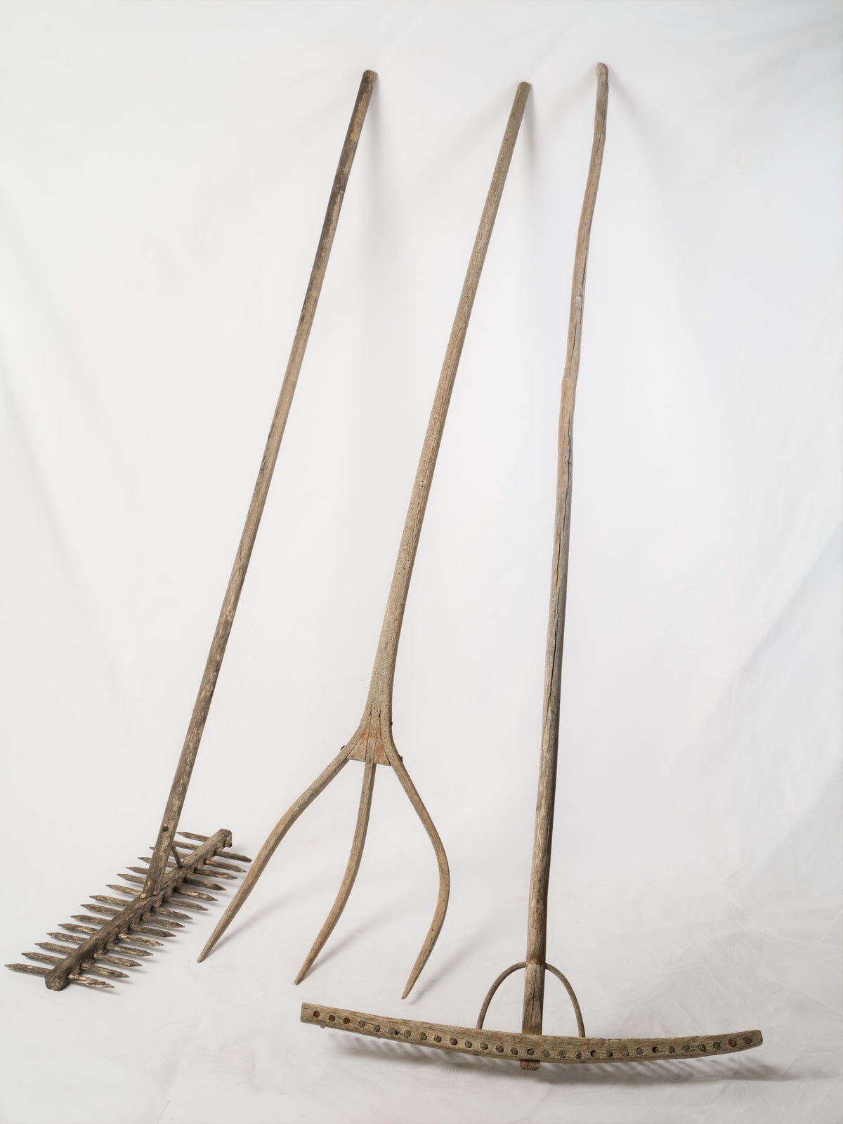 Antique French Wooden Farm Tools Trio - Rakes and Hay Fork