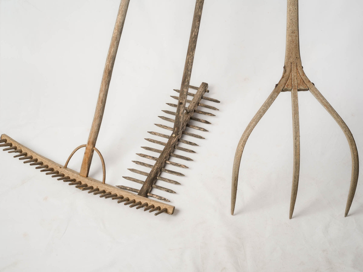 Antique French Wooden Farm Tools Trio - Rakes and Hay Fork