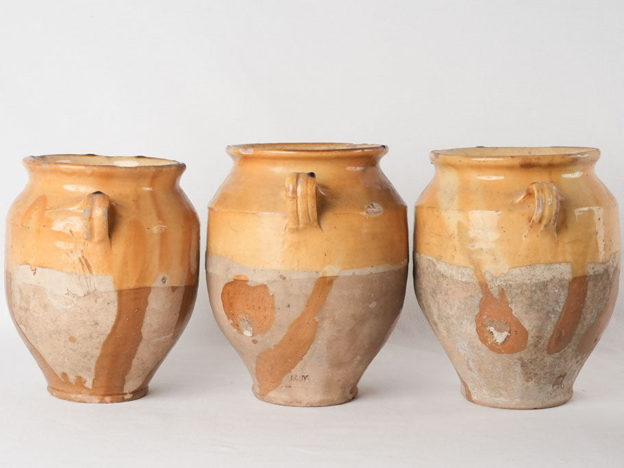 Collection of 4 antique French confit pots - ocher 9¾"