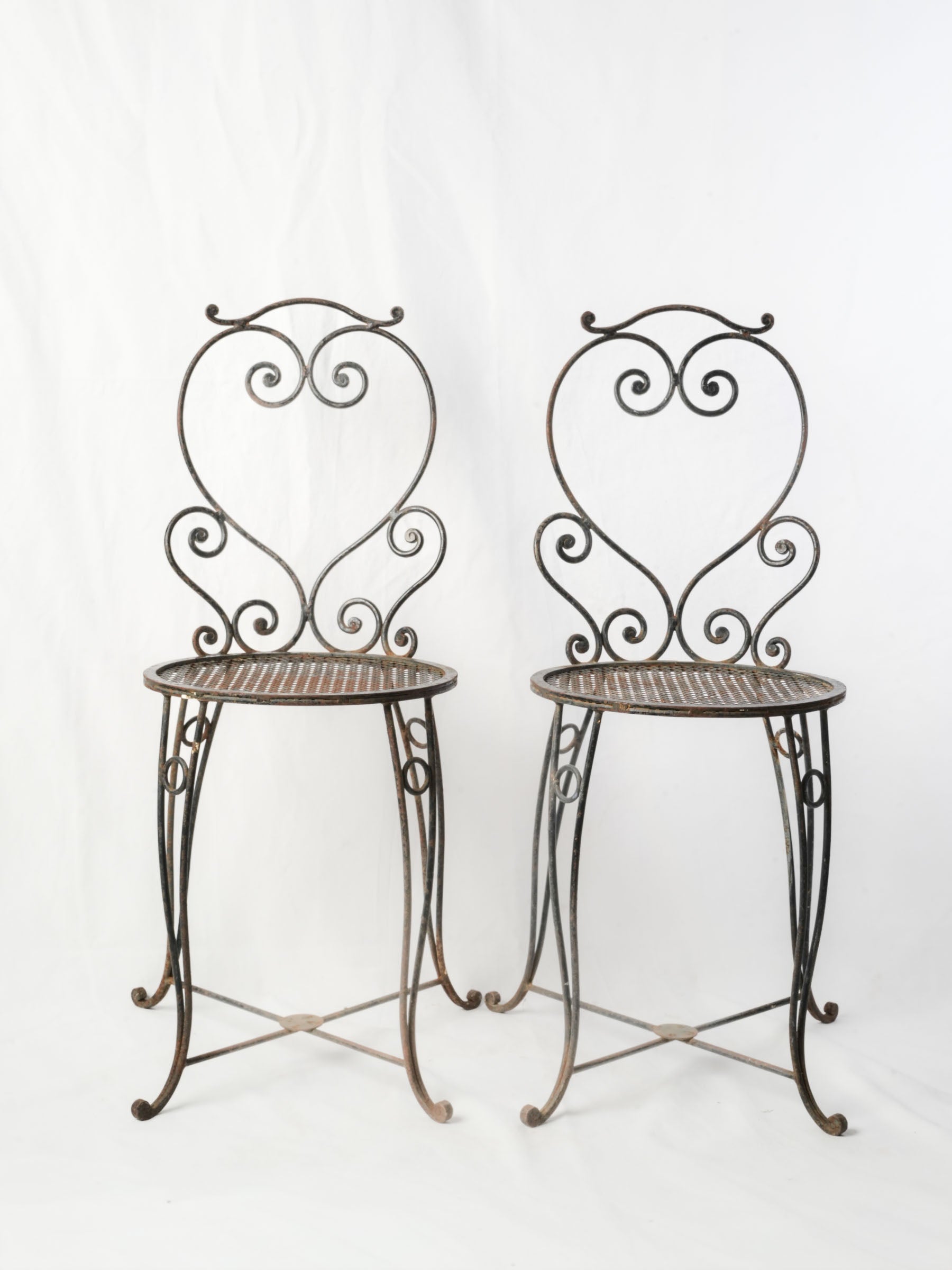 Pair of Small French Wrought Iron Garden Chairs w/ Scrolling Motifs