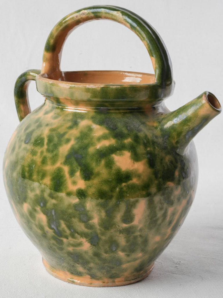 Antique French Ceramic Water Jug w/ Speckled Green on Yellow Glaze - 11"