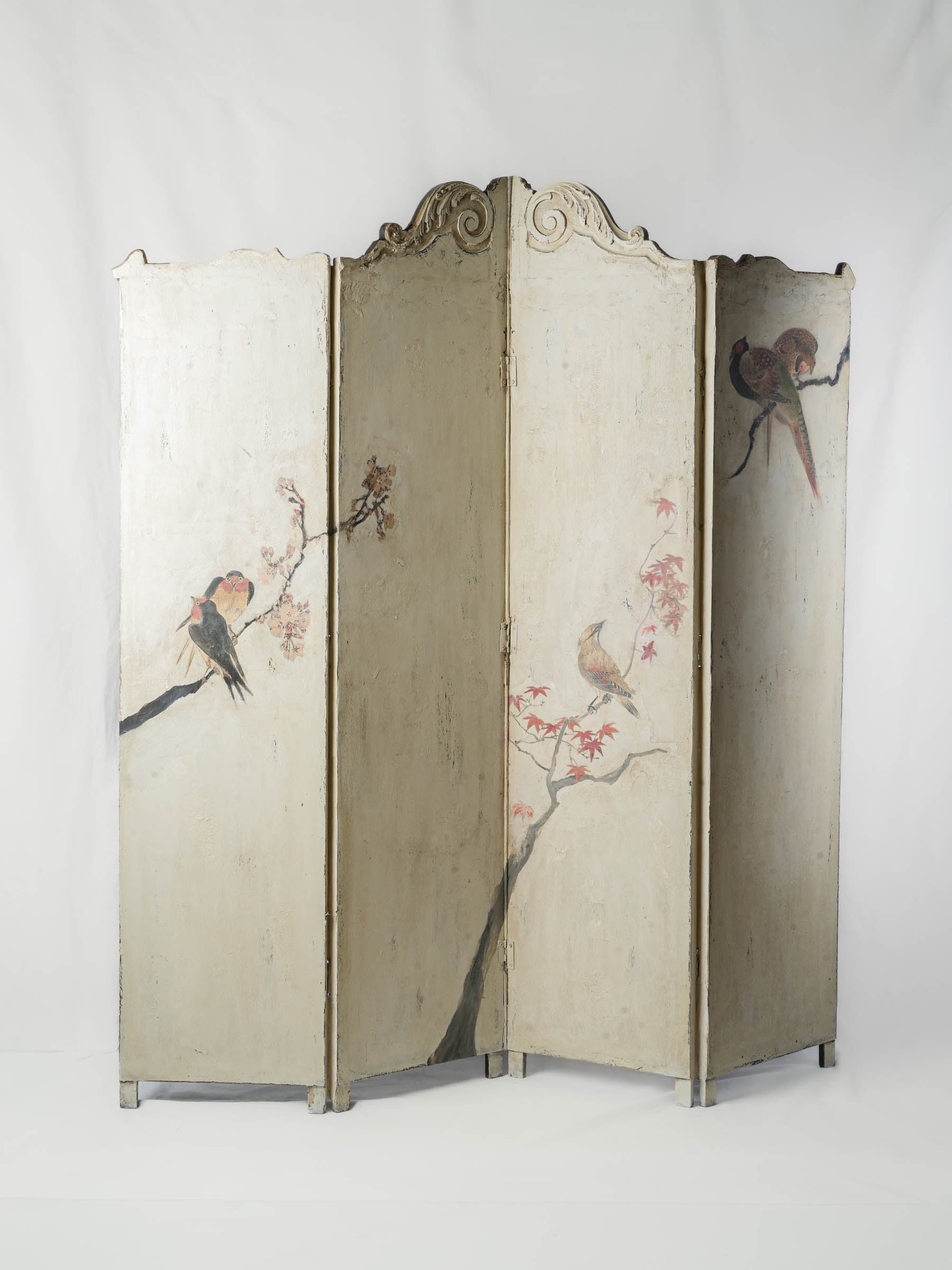 vintage dressing screen Two-Sided Four-Panel Wooden Screen w/ Birds and Chinoiserie Decoration