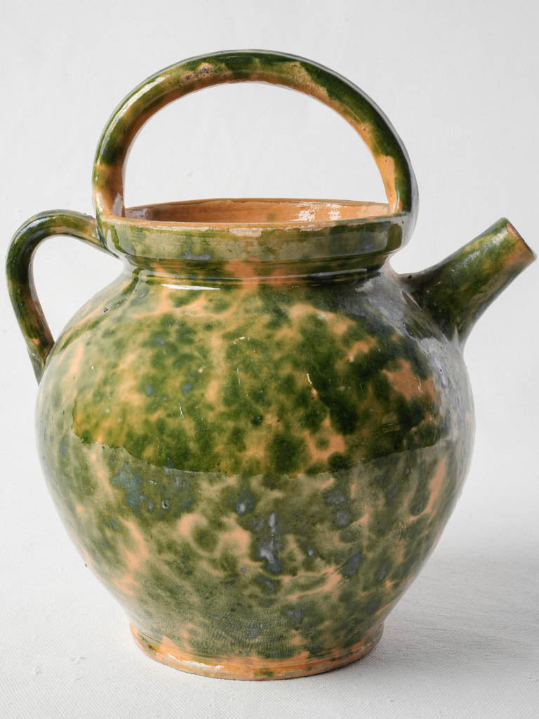 Antique French Ceramic Water Jug w/ Speckled Green on Yellow Glaze - 11"