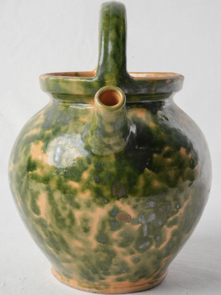Antique French Ceramic Water Jug w/ Speckled Green on Yellow Glaze - 11"