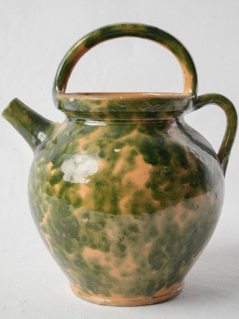 Antique French Ceramic Water Jug w/ Speckled Green on Yellow Glaze - 11"