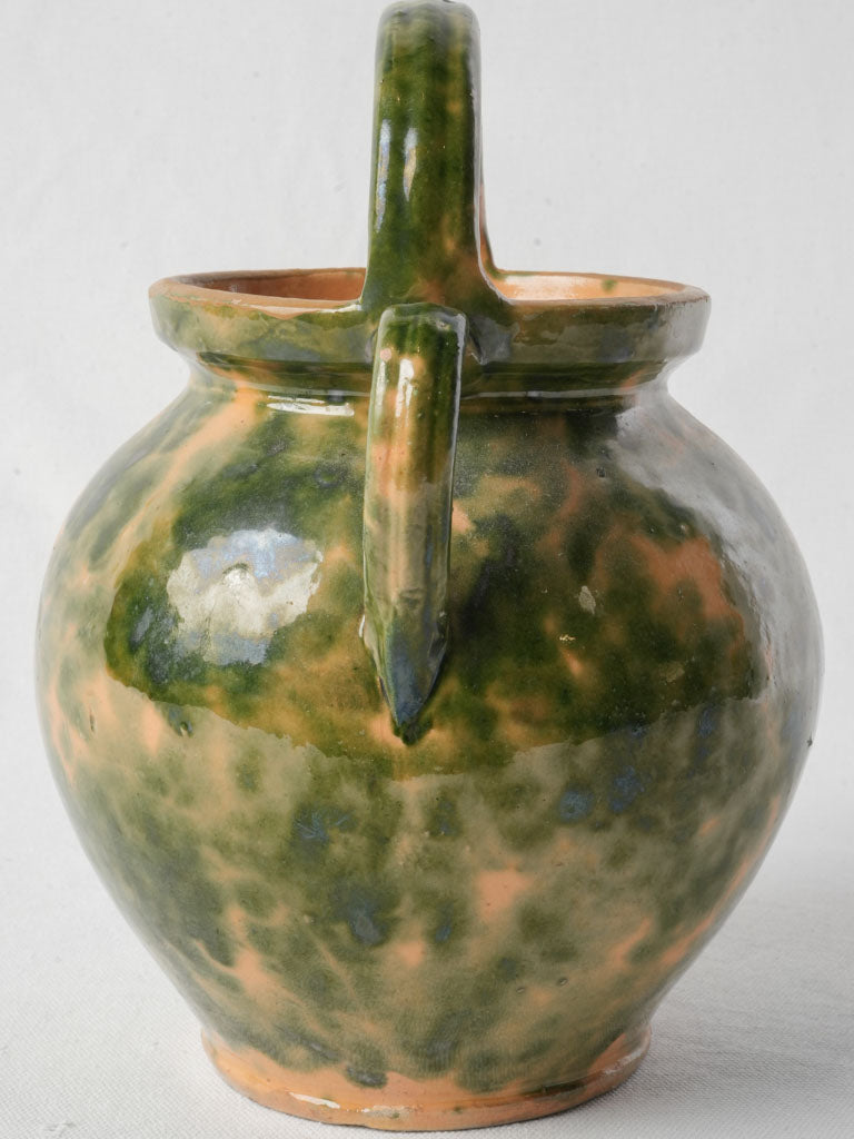 Antique French Ceramic Water Jug w/ Speckled Green on Yellow Glaze - 11"