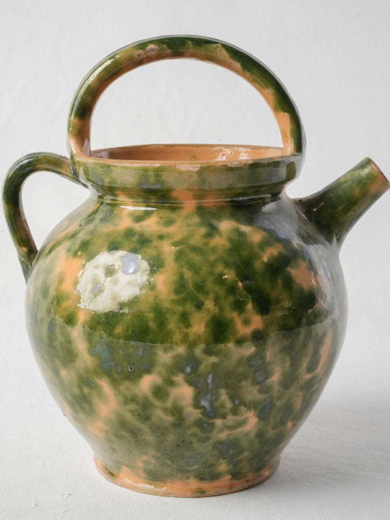 Antique French Ceramic Water Jug w/ Speckled Green on Yellow Glaze - 11"