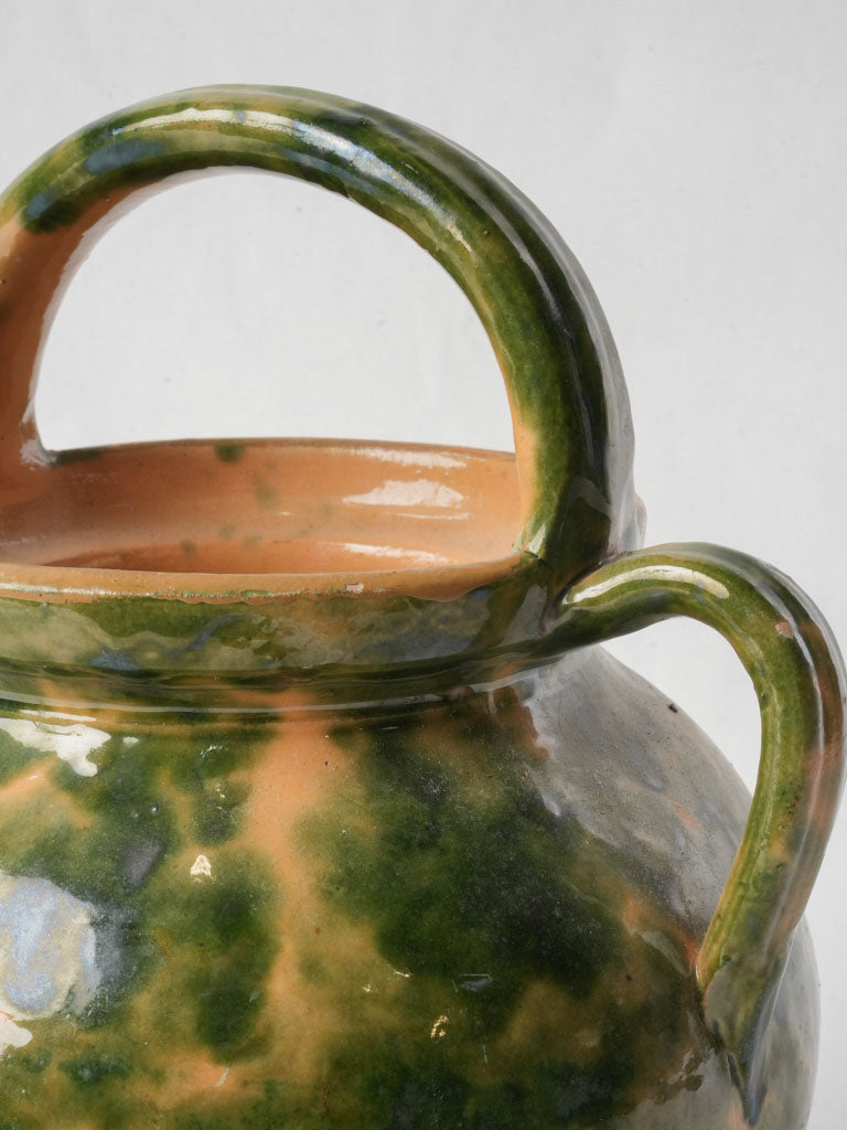 Antique French Ceramic Water Jug w/ Speckled Green on Yellow Glaze - 11"