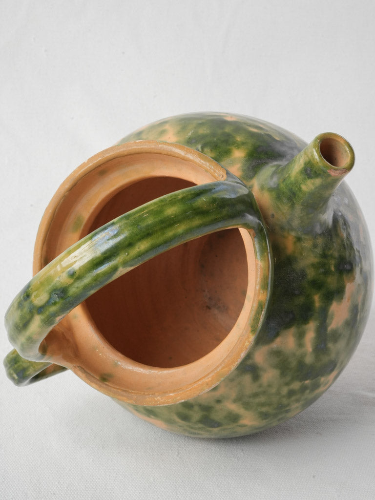 Antique French Ceramic Water Jug w/ Speckled Green on Yellow Glaze - 11"