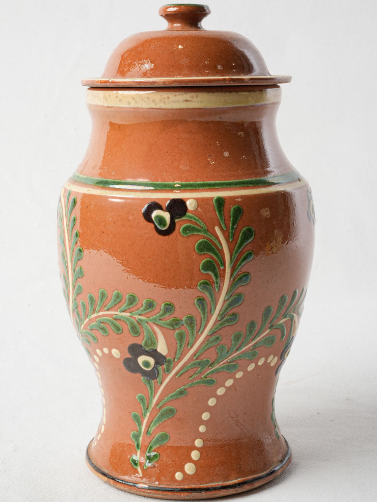 Charming 1960s French Lidded Glazed Pot W/ Floral Motifs -11"
