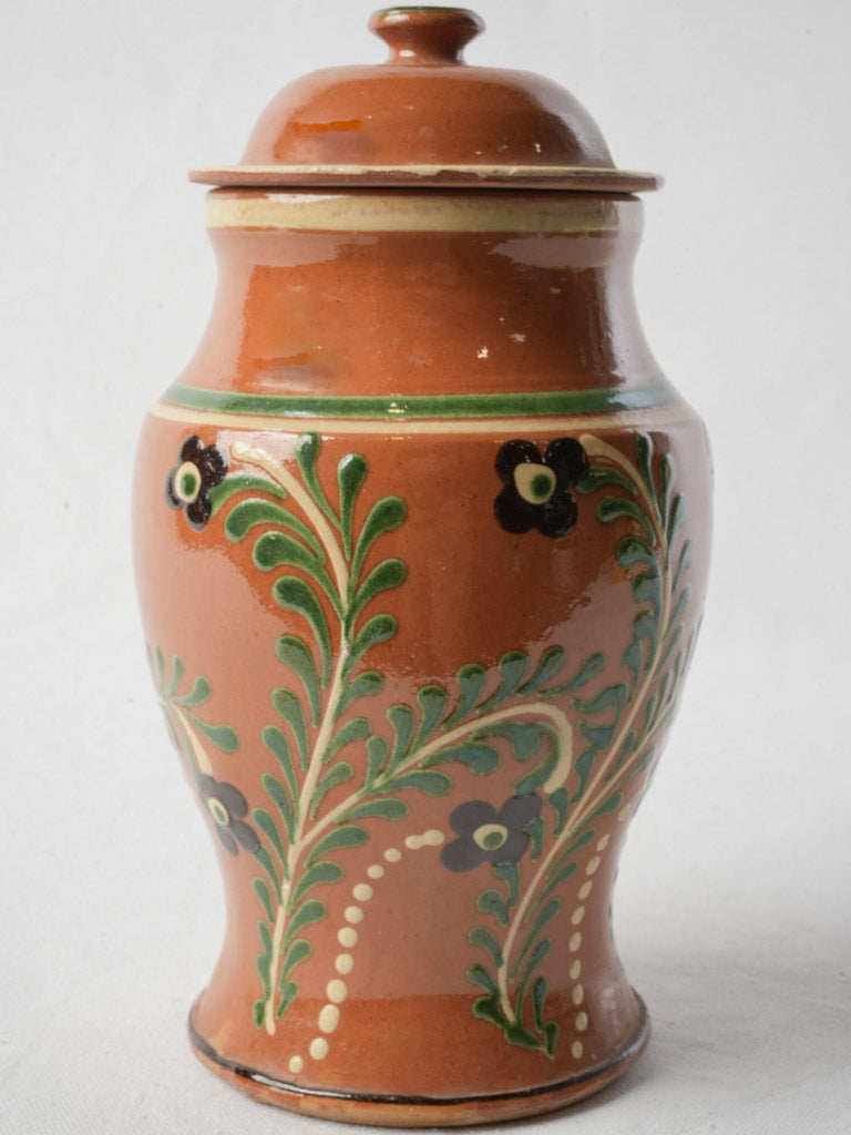Charming 1960s French Lidded Glazed Pot W/ Floral Motifs -11"