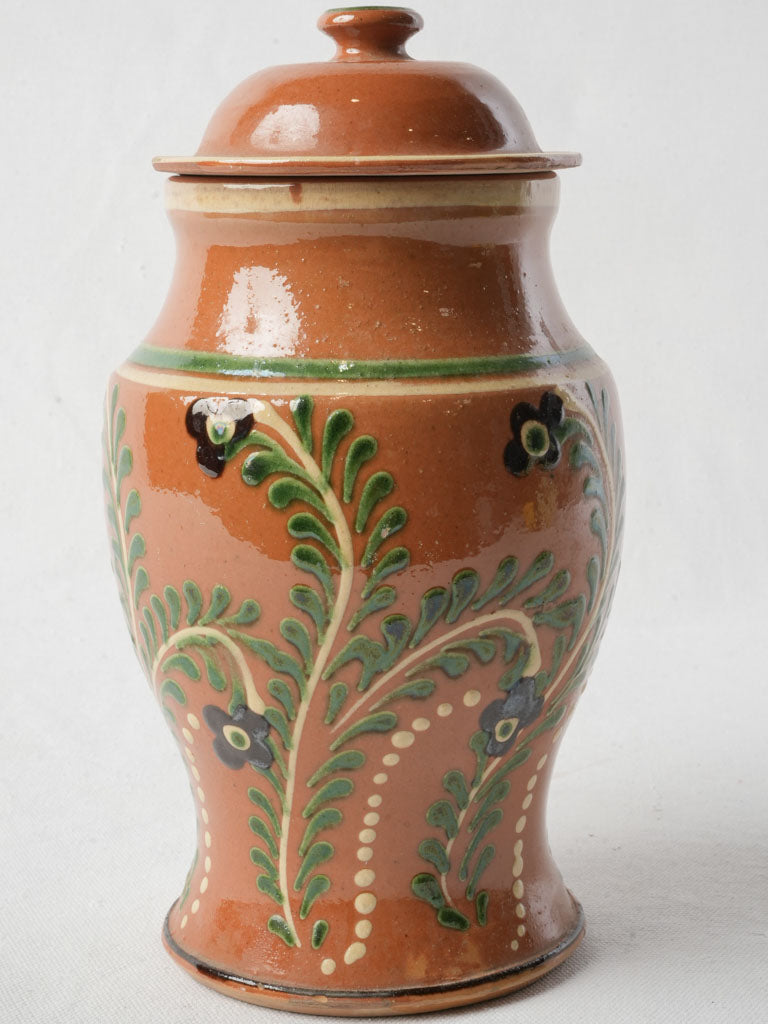 Charming 1960s French Lidded Glazed Pot W/ Floral Motifs -11"