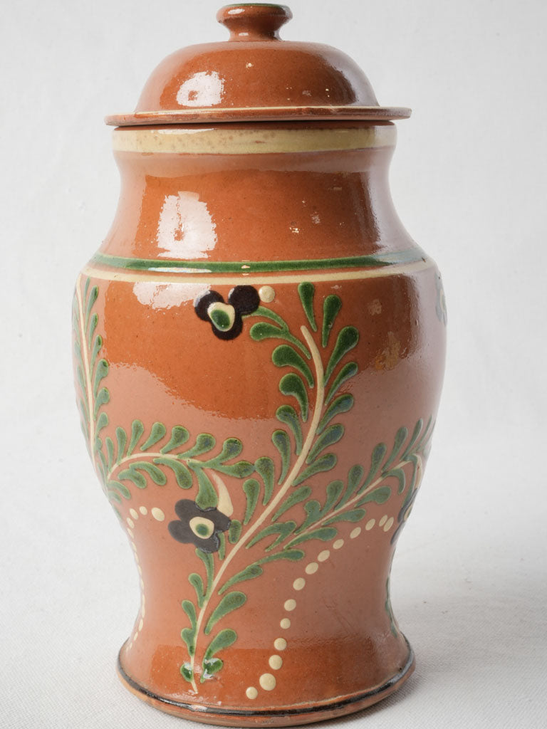Charming 1960s French Lidded Glazed Pot W/ Floral Motifs -11"