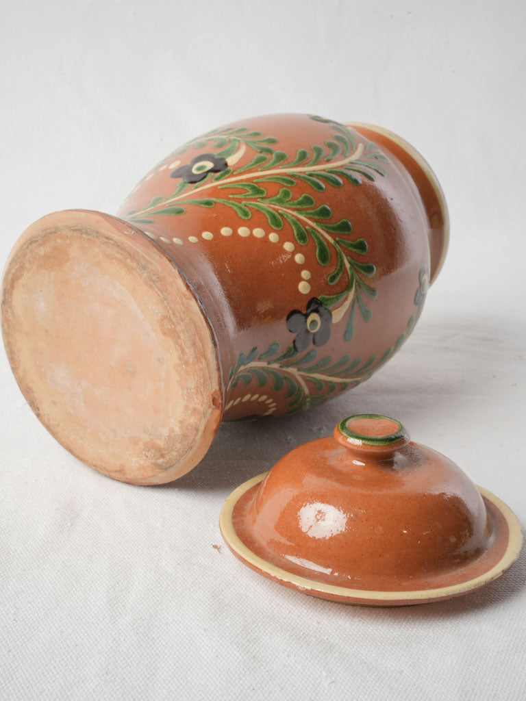 Charming 1960s French Lidded Glazed Pot W/ Floral Motifs -11"