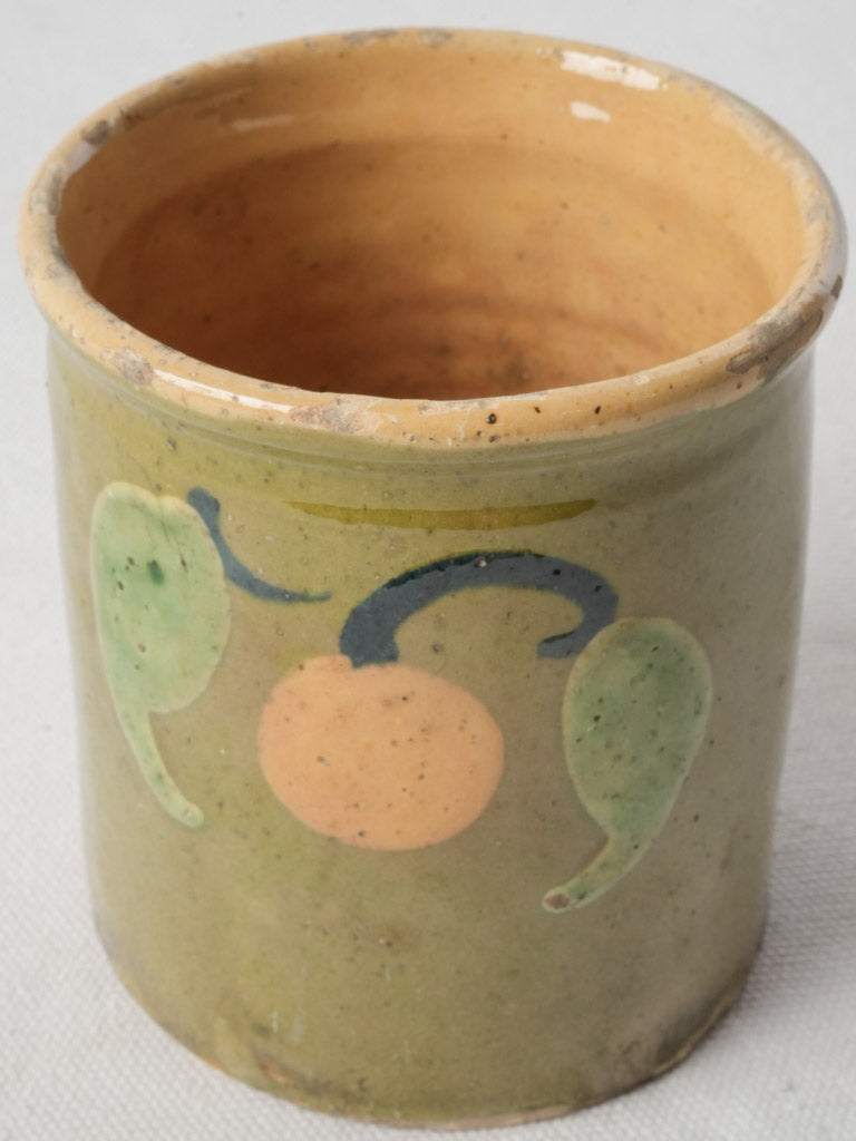 Aged glossy olive-green confiture pot