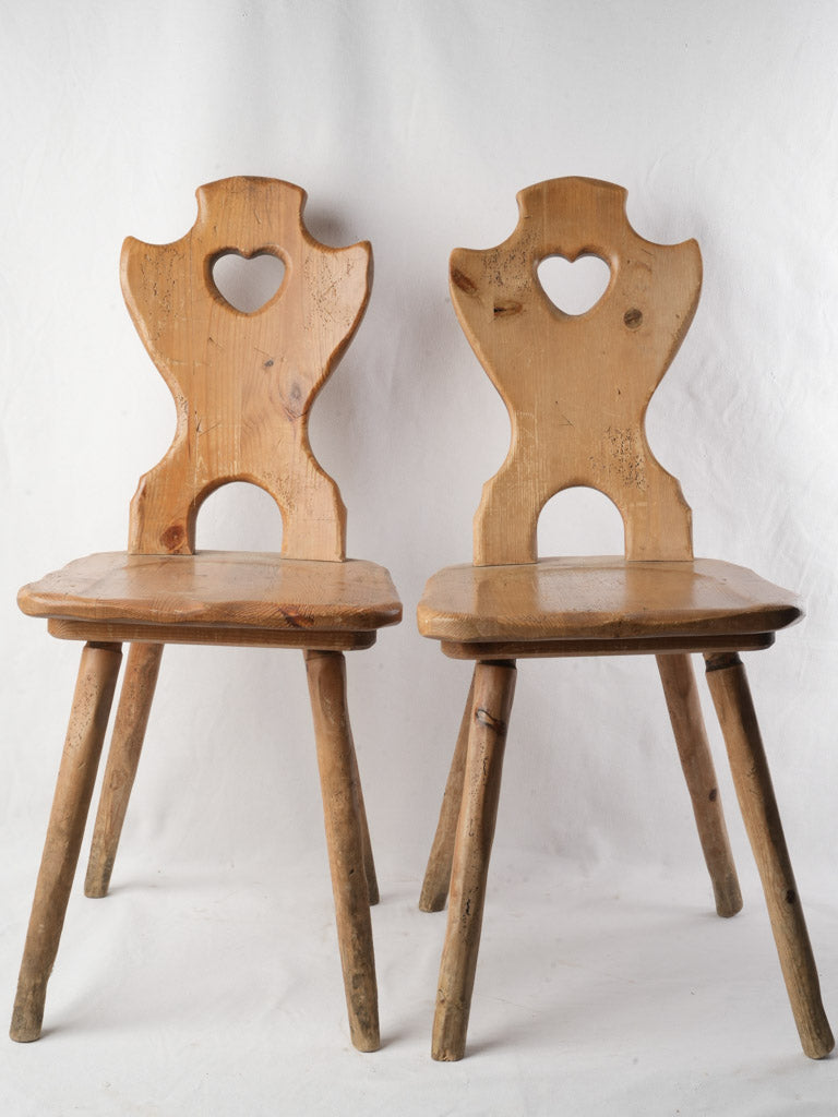 Set of Six Alpine Fir Board-Back Chairs with Heart Cutouts