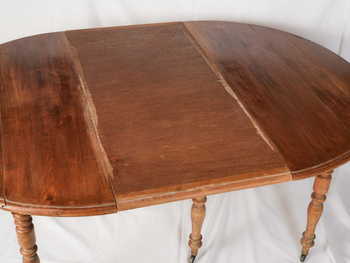 Antique French Walnut Dining Table with Extensions and Turned Legs