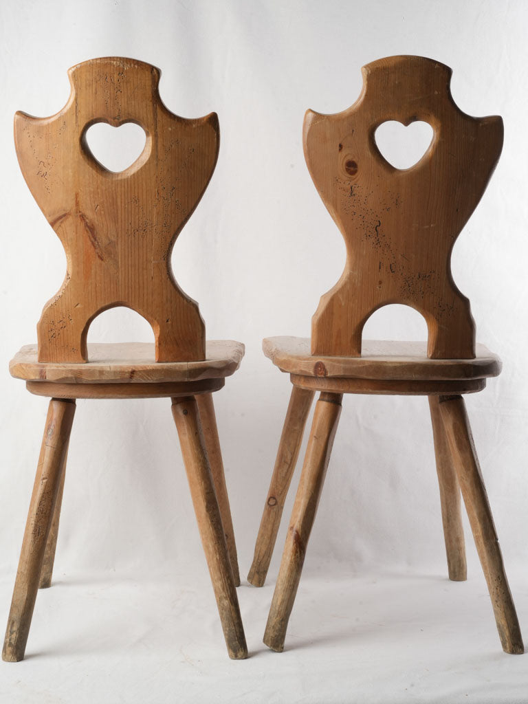 Set of Six Alpine Fir Board-Back Chairs with Heart Cutouts