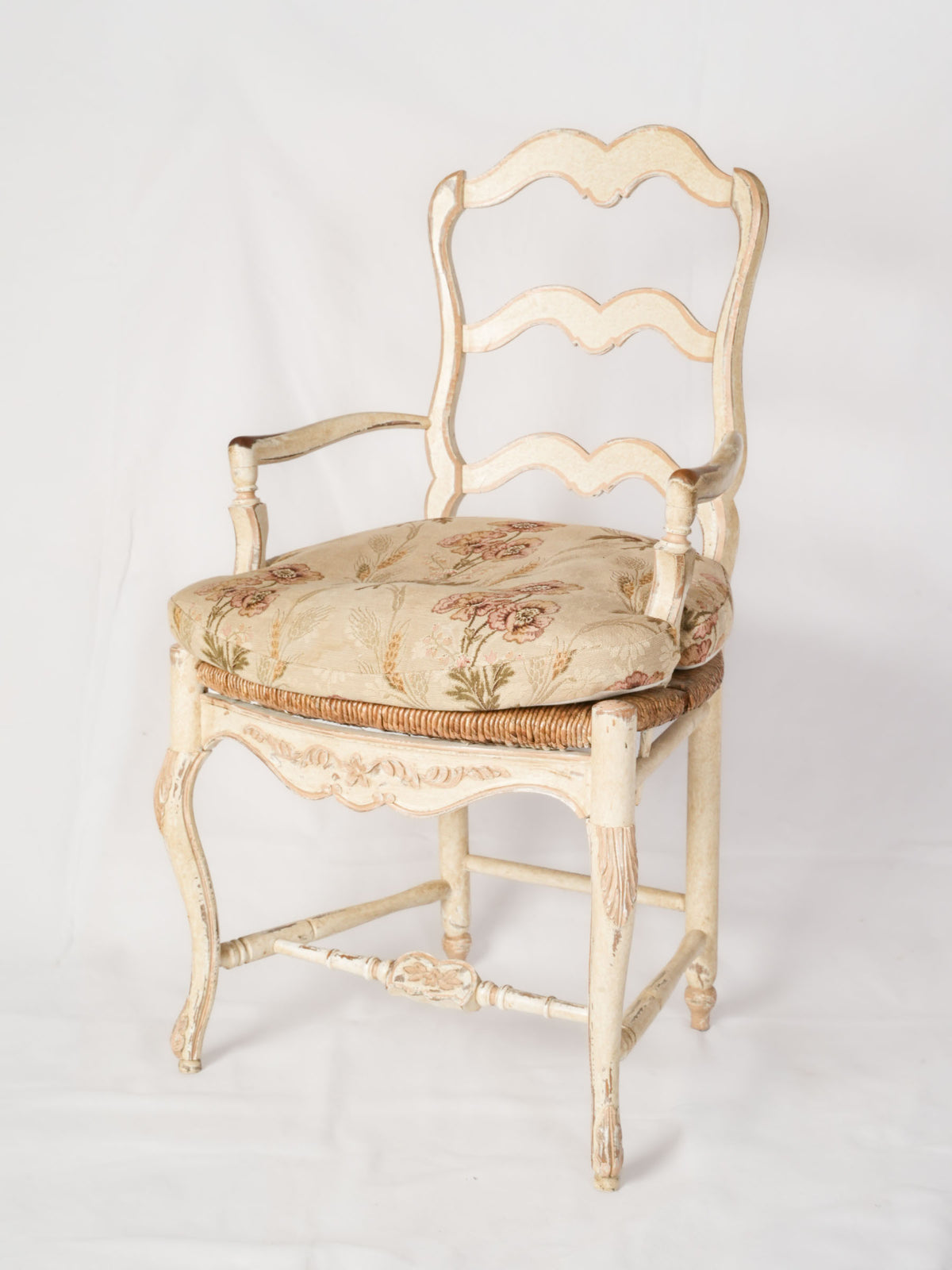 Painted Provençal Ladderback Armchair With Rush Seat and Floral Cushion