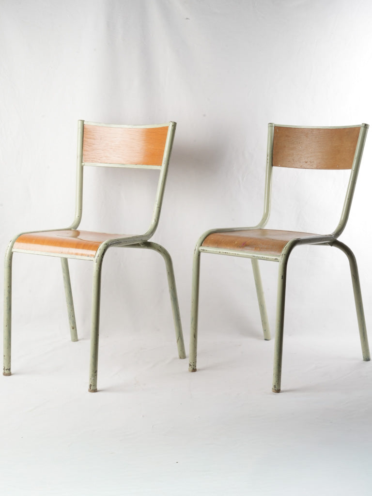 Set of 6 Mid 20th century French Stacking School Chairs in Sage-Green Paint