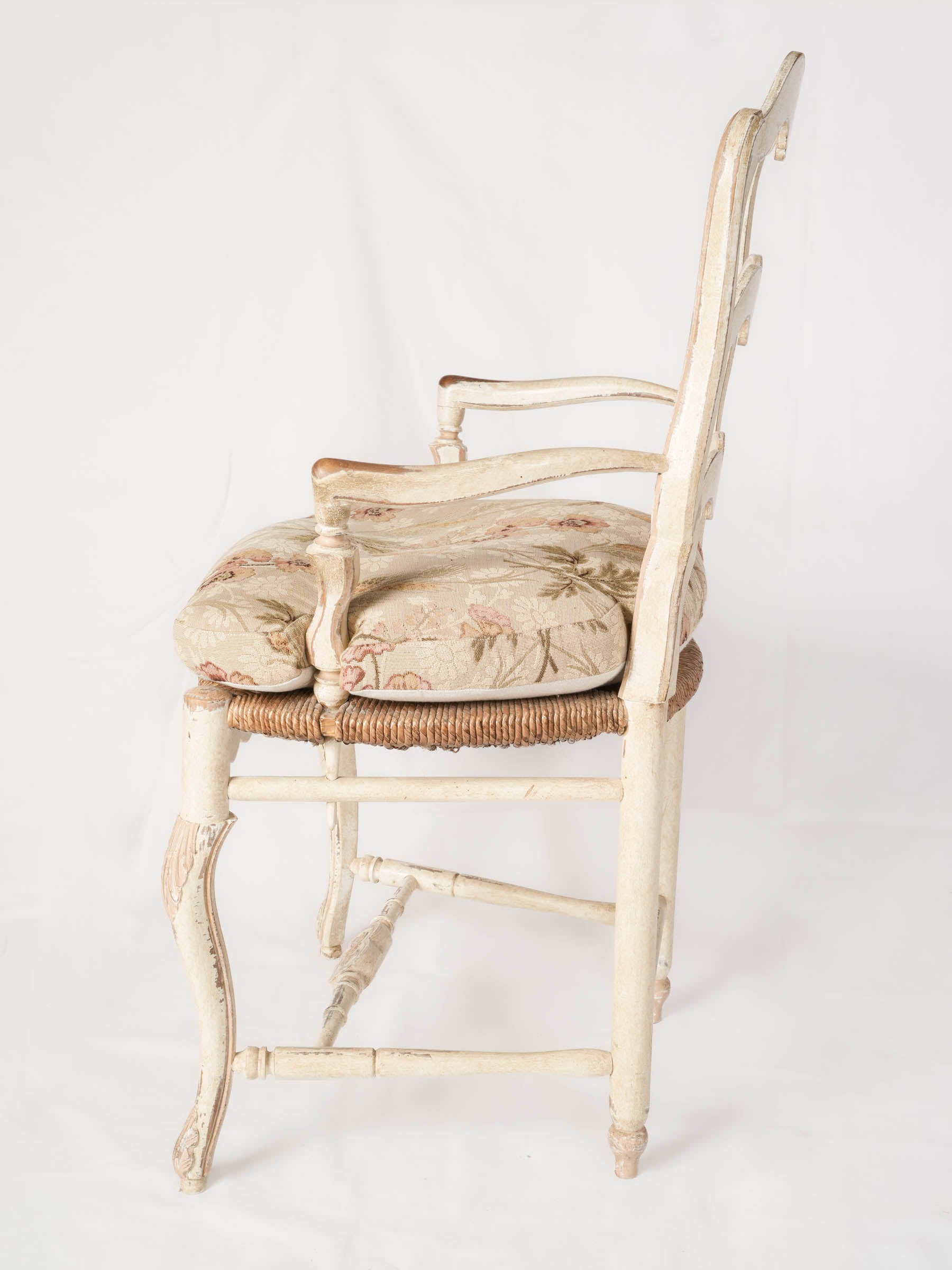 Painted Provençal Ladderback Armchair With Rush Seat and Floral Cushion
