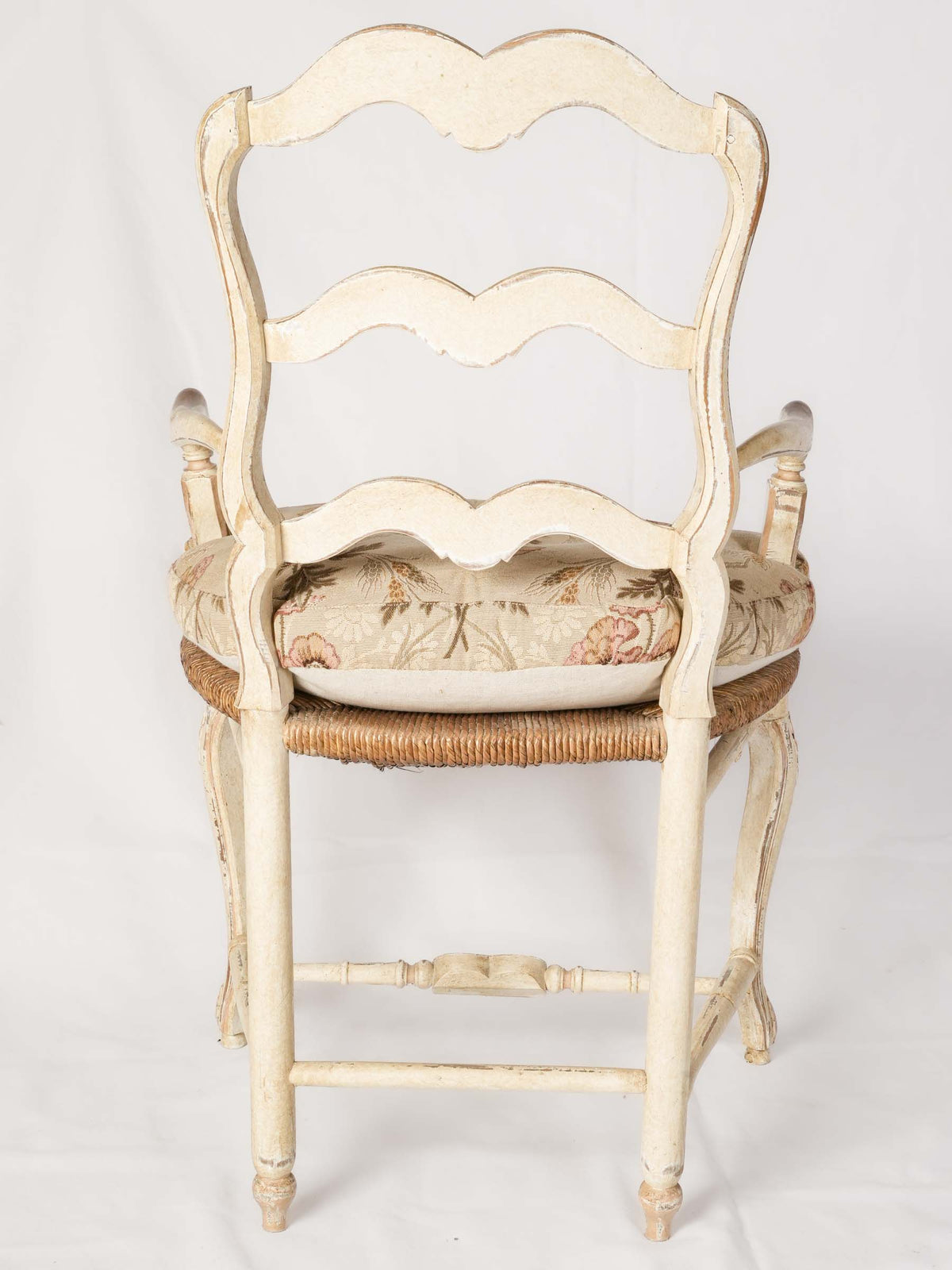 Painted Provençal Ladderback Armchair With Rush Seat and Floral Cushion