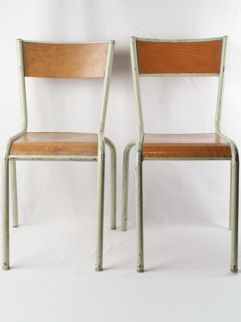Set of 6 Mid 20th century French Stacking School Chairs in Sage-Green Paint
