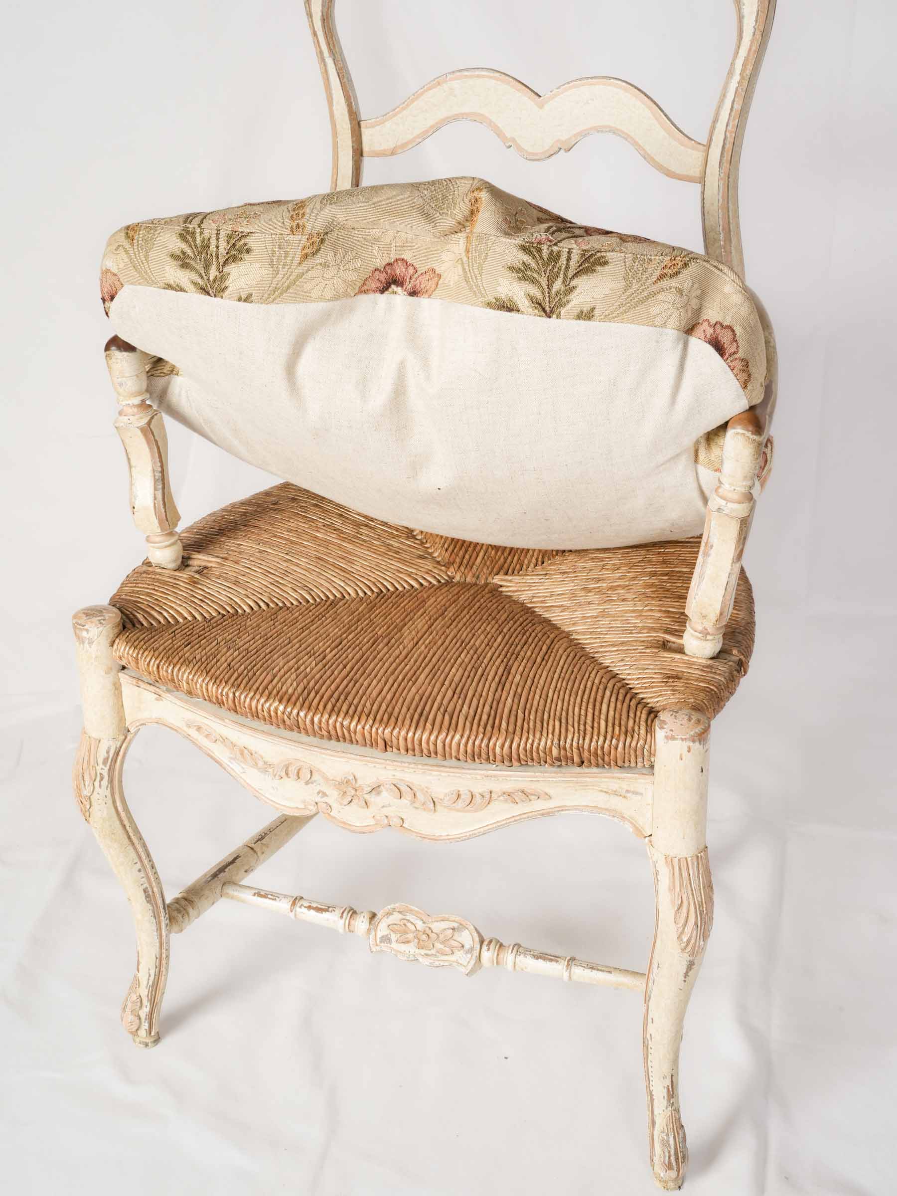 Painted Provençal Ladderback Armchair With Rush Seat and Floral Cushion