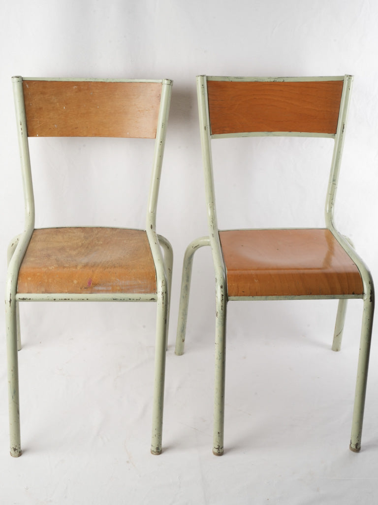 Set of 6 Mid 20th century French Stacking School Chairs in Sage-Green Paint