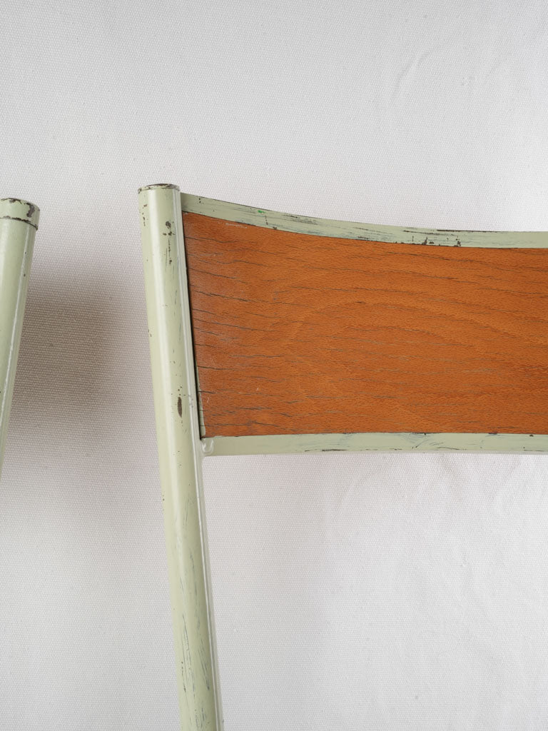 Set of 6 Mid 20th century French Stacking School Chairs in Sage-Green Paint