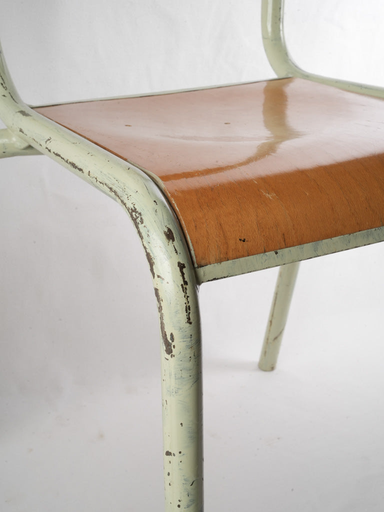Set of 6 Mid 20th century French Stacking School Chairs in Sage-Green Paint