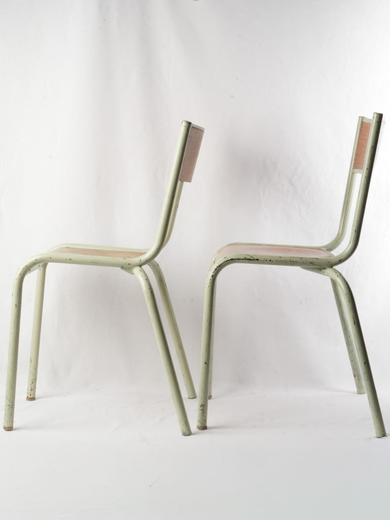 Set of 6 Mid 20th century French Stacking School Chairs in Sage-Green Paint
