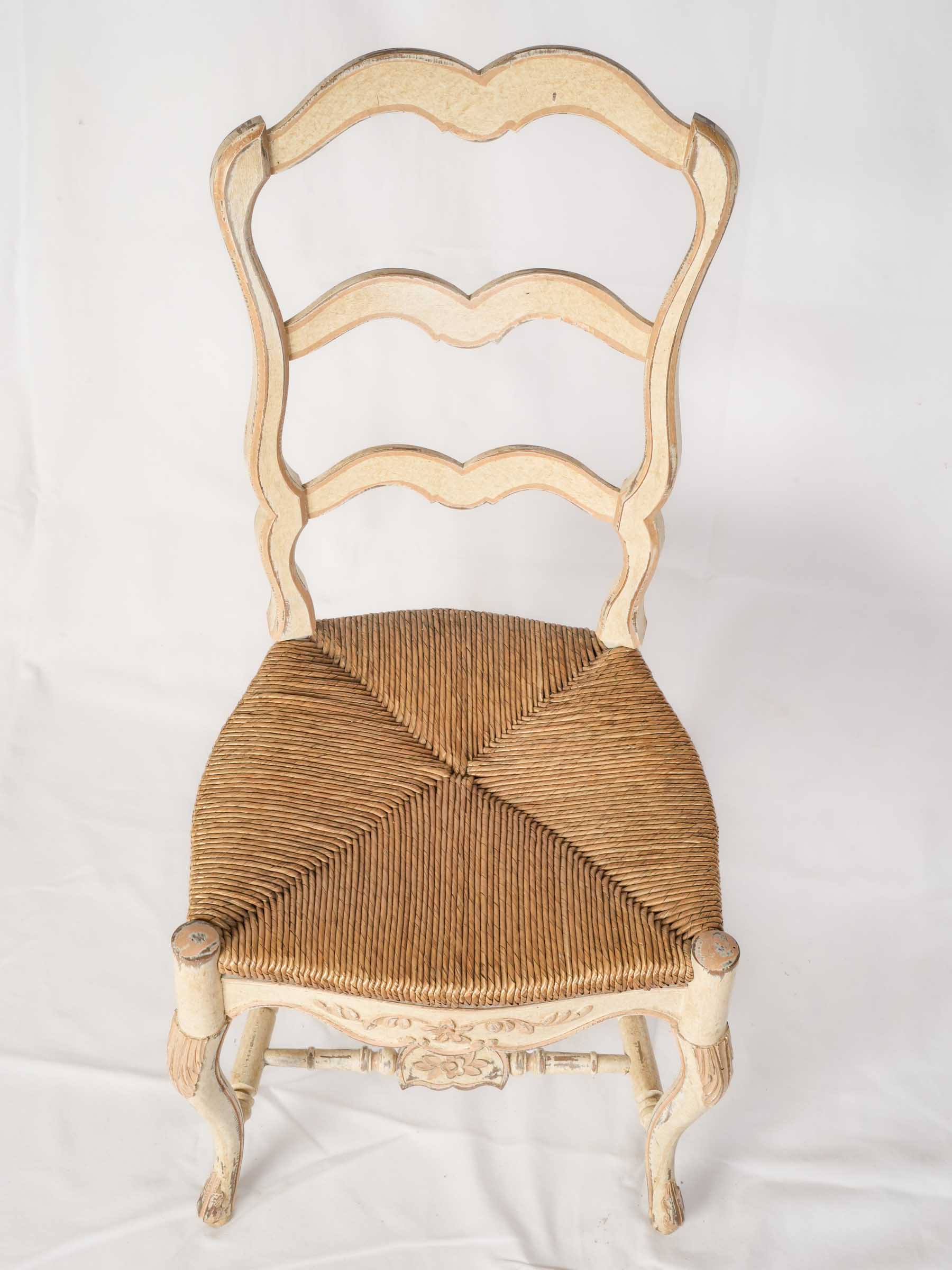 French Ladderback Chair, Painted Beige, 1980s, Rush Seat