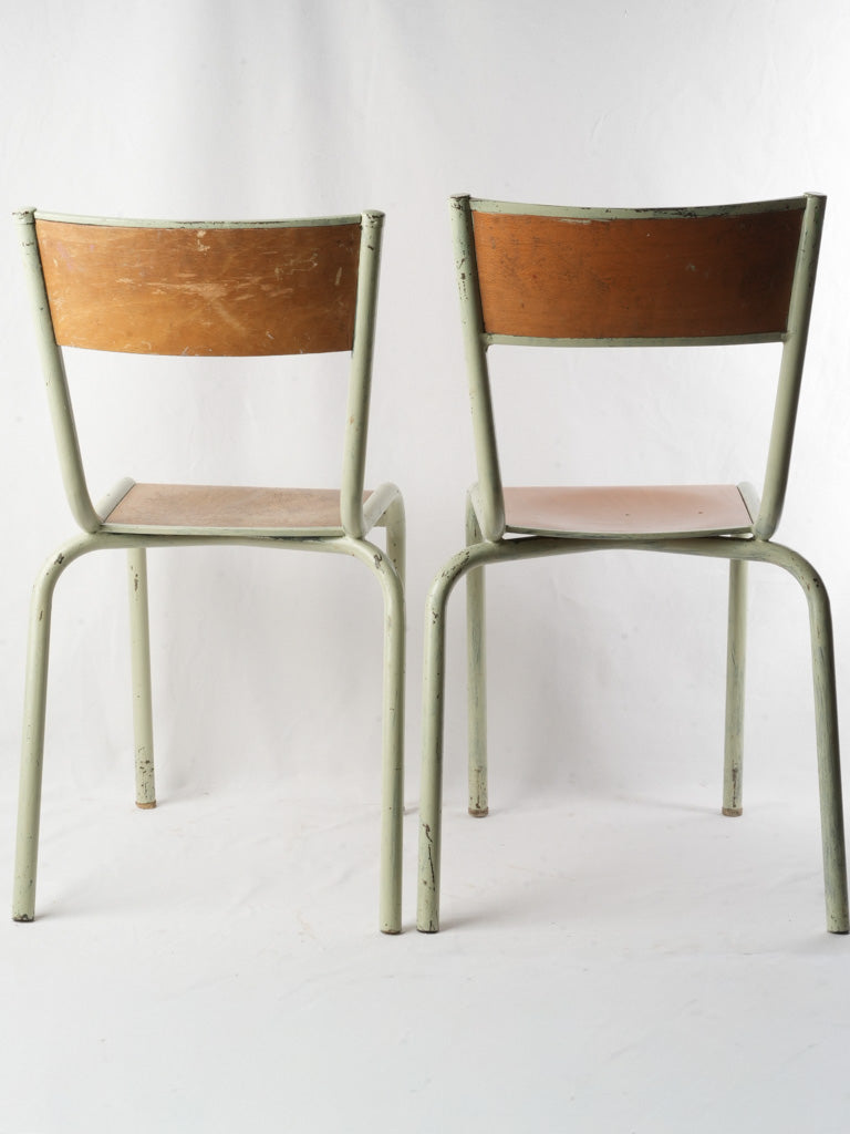 Set of 6 Mid 20th century French Stacking School Chairs in Sage-Green Paint