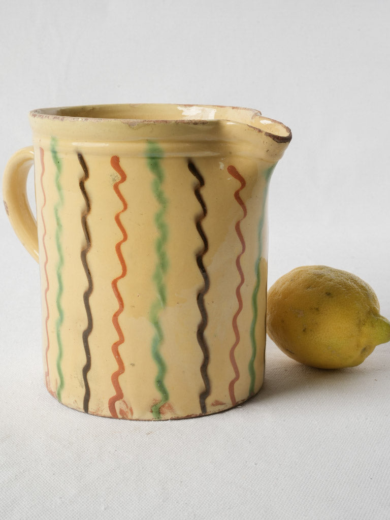 Striking Antique French Yellow Pitcher W/ Zigzag Patterns - 6¾"