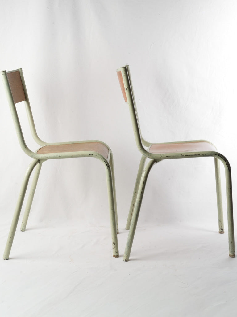 Set of 6 Mid 20th century French Stacking School Chairs in Sage-Green Paint