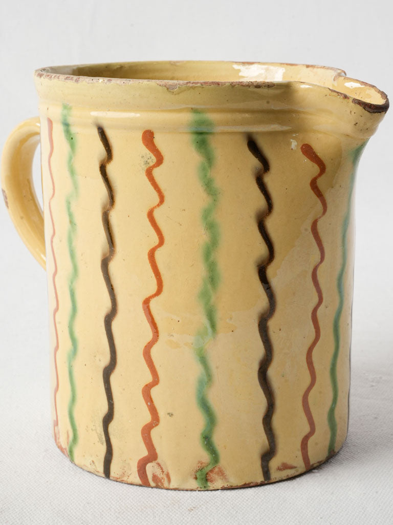 Striking Antique French Yellow Pitcher W/ Zigzag Patterns - 6¾"