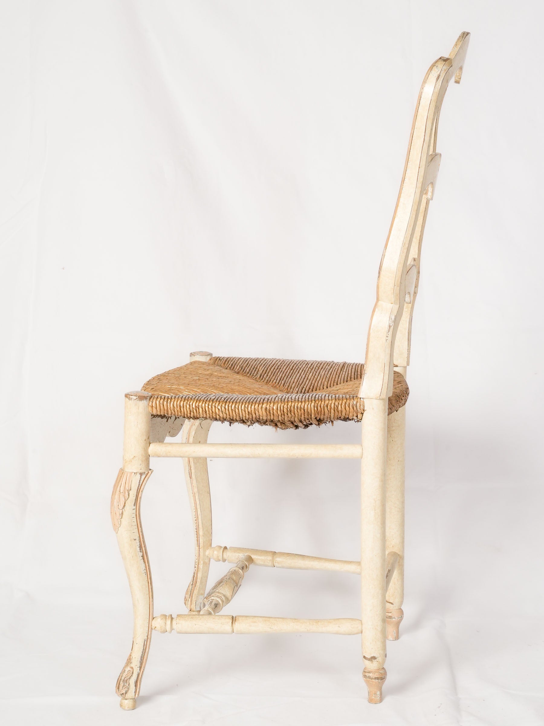 French Ladderback Chair, Painted Beige, 1980s, Rush Seat