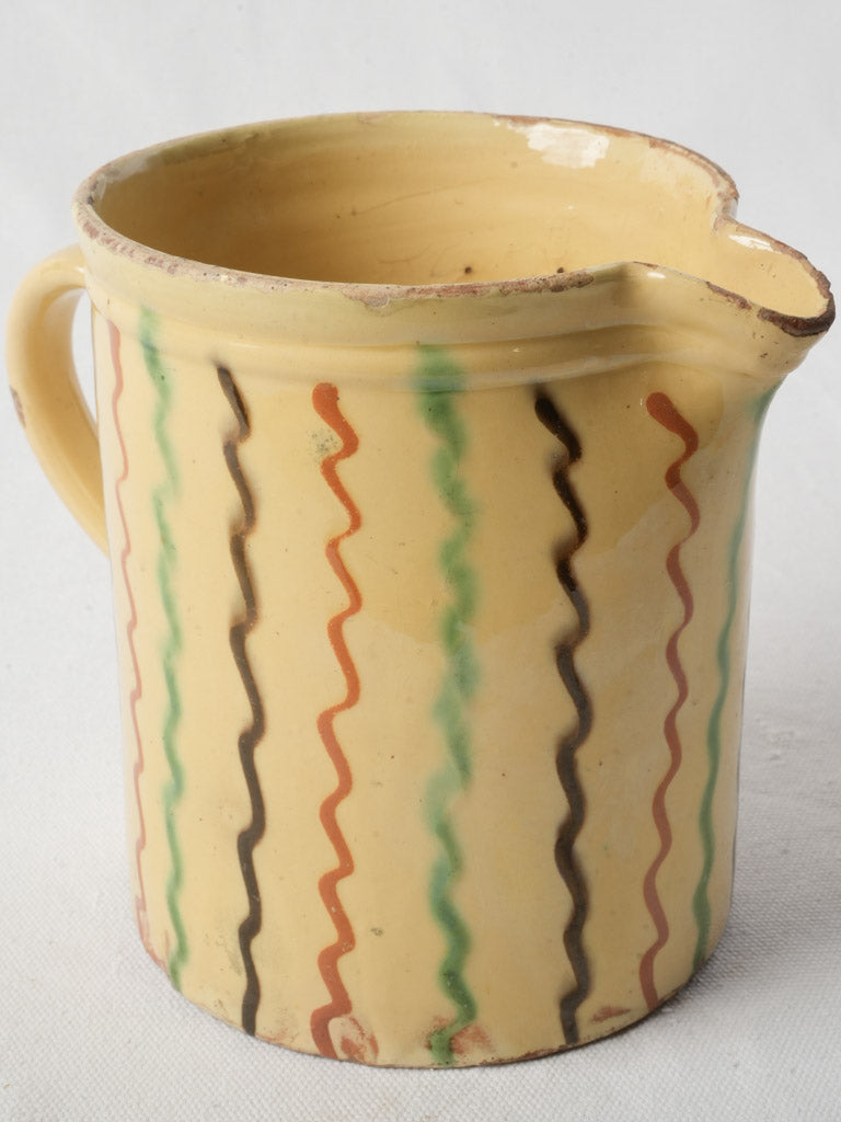 Striking Antique French Yellow Pitcher W/ Zigzag Patterns - 6¾"