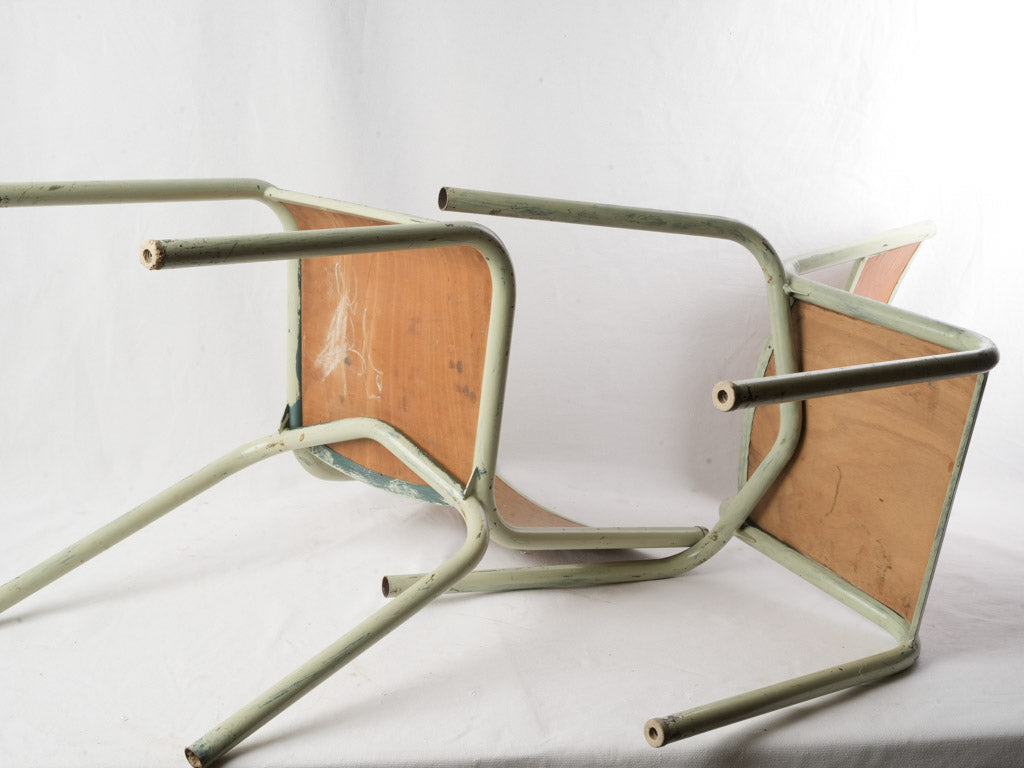Set of 6 Mid 20th century French Stacking School Chairs in Sage-Green Paint