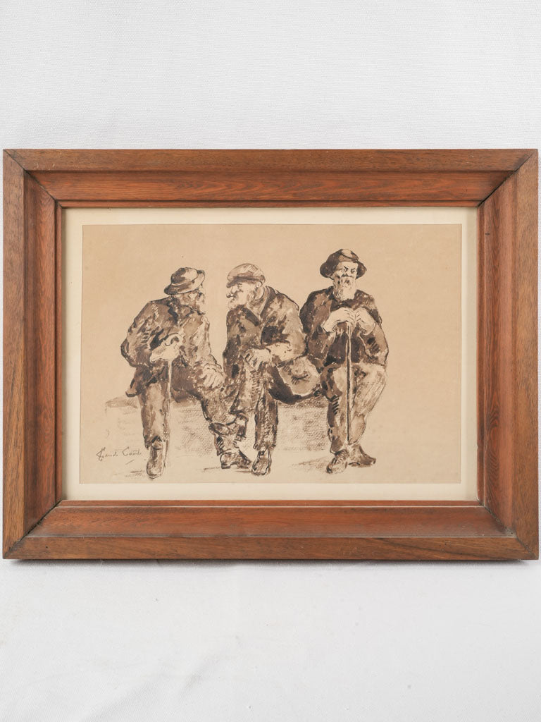 Circa 1900 French Ink and Wash Drawing of Three Seated Elderly Men - 1