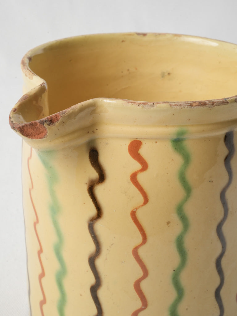 Striking Antique French Yellow Pitcher W/ Zigzag Patterns - 6¾"