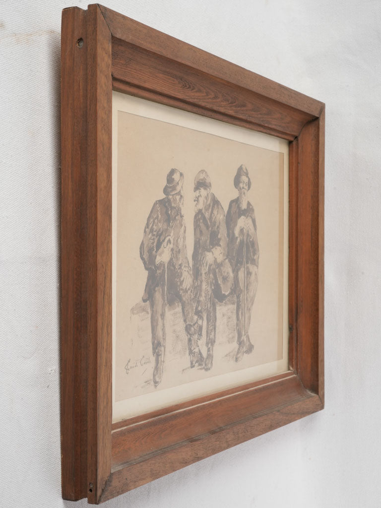 Circa 1900 French Ink and Wash Drawing of Three Seated Elderly Men - 15" x 19¼"